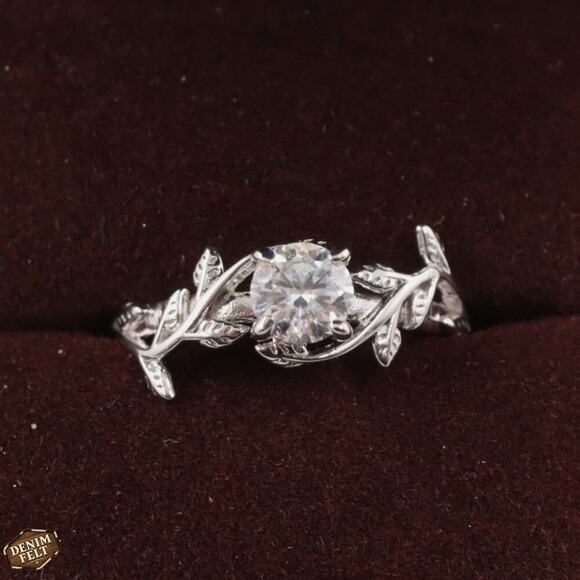 JeenMata Leaf CZ Engagement Ring 0.50 CT Round Cut 18K White Gold Silver Size 5 - Picture 8 of 10